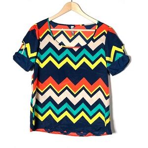 Myan blue and yellow Chevron print blouse top shirt size small S B196